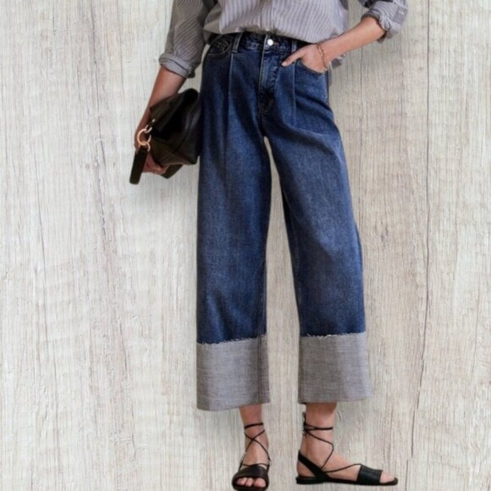 BANANA REPUBLIC Wide Leg Crop High Rise Pleated Denim Cuff Jeans Women's, Sz 8